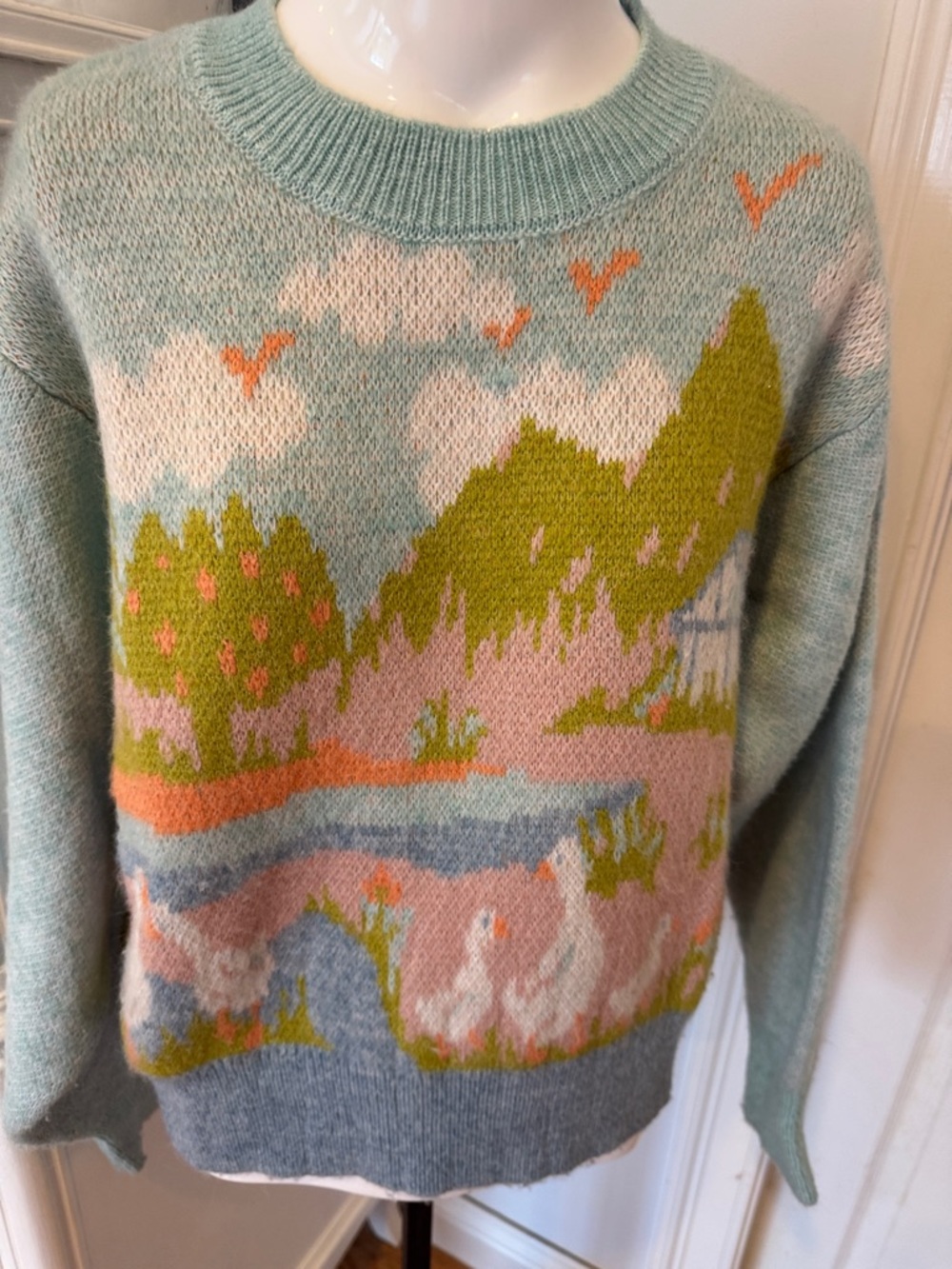 Zara Pastel Scenic Crewneck Sweater - Mint, Pink, Green, Orange, Gray